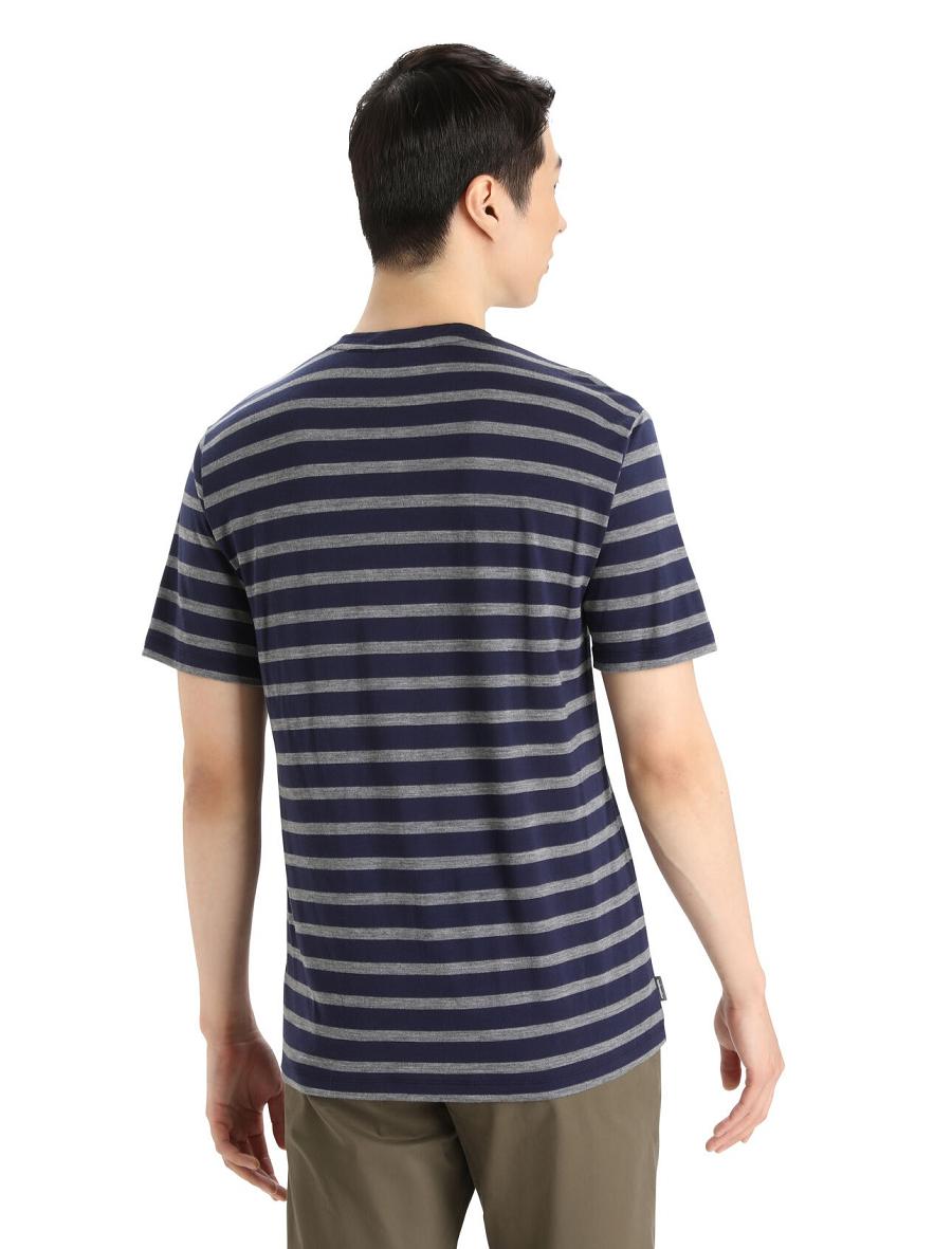 Men's Icebreaker Merino Drayden Short Sleeve Stripe T Shirts Midnight Navy / Gritstone Heather | CA 1763XYUF